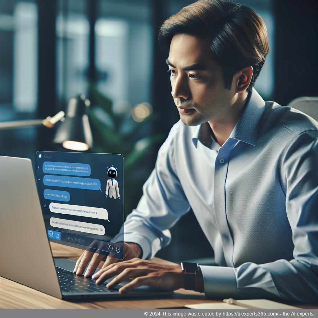 A professional setting showcasing a person interacting with a computer screen displaying a chatbot interface designed for enhancing customer service on a website.