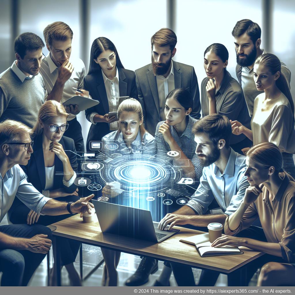 A professional team discussing strategies around a computer with a focus on integrating a WordPress chat plugin for improved customer engagement.