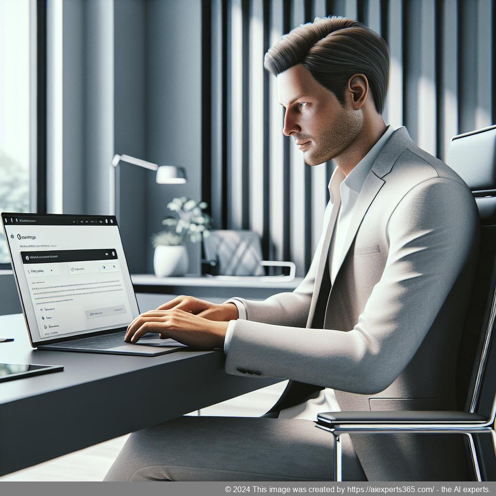 An illustration depicting a professional setting where a German or Western European individual interacts with an AI-powered WordPress chat plugin on a computer screen.