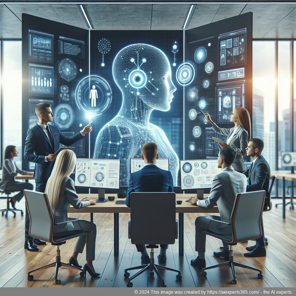 A professional setting showcasing a diverse team engaging with customers through an advanced WordPress AI Chatbot interface.