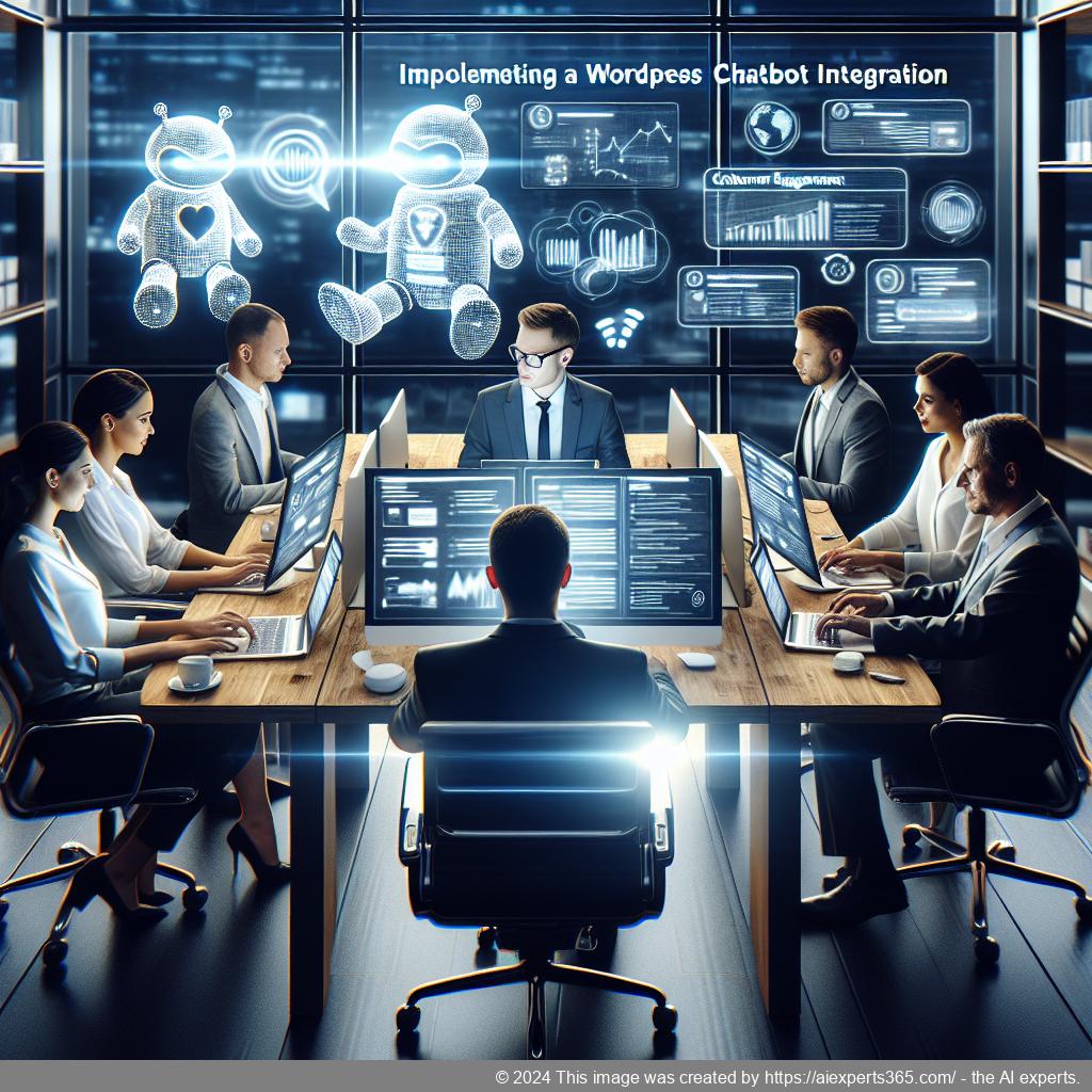 A professional setting showcasing a team discussing strategies while utilizing an advanced WordPress chatbot integration on their devices.
