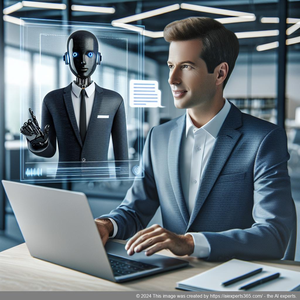 A professional-looking German businessman interacting with an advanced WordPress AI chatbot on a laptop screen.
