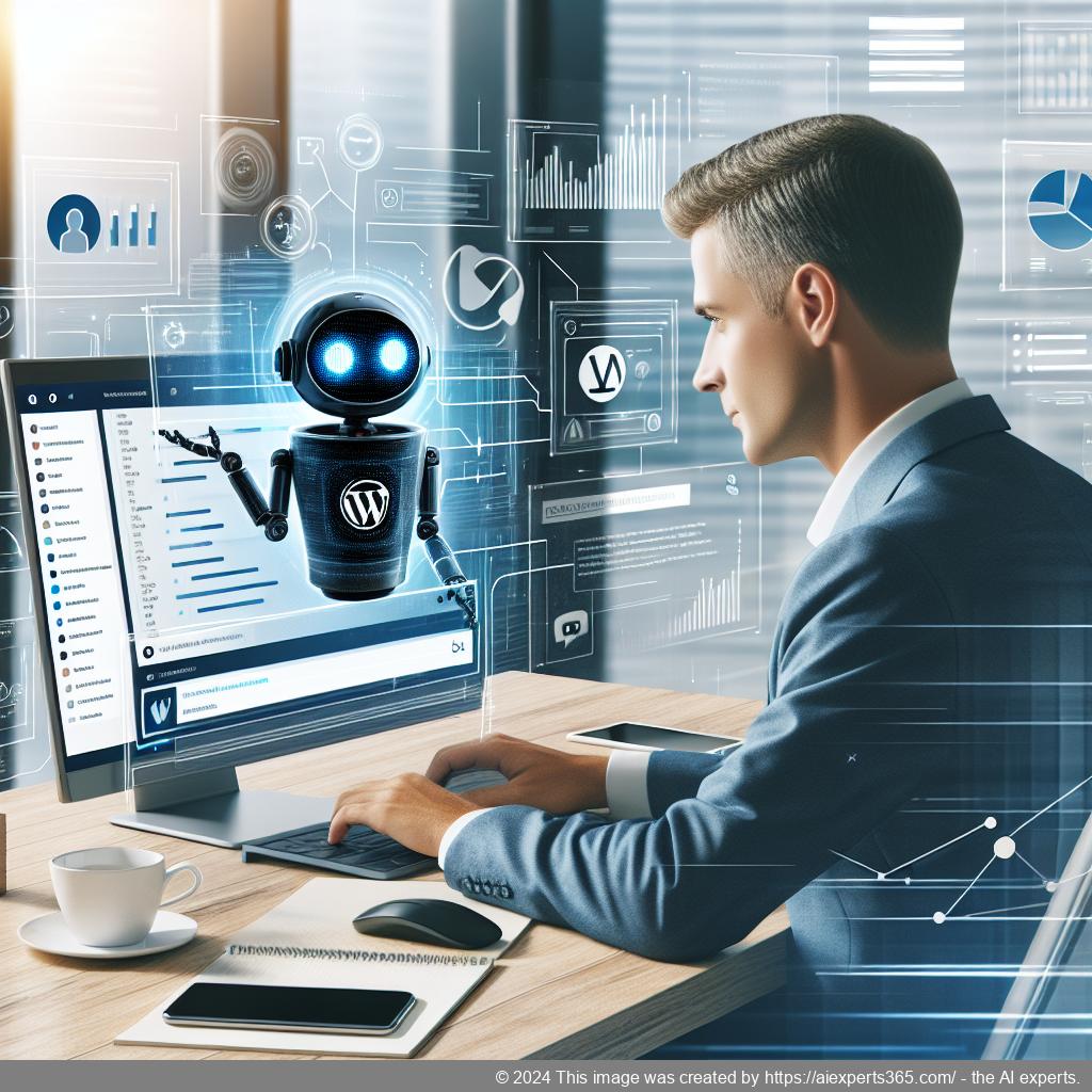 A professional setting showing a person interacting with a WordPress chatbot on their laptop, symbolizing enhanced customer service through automation.