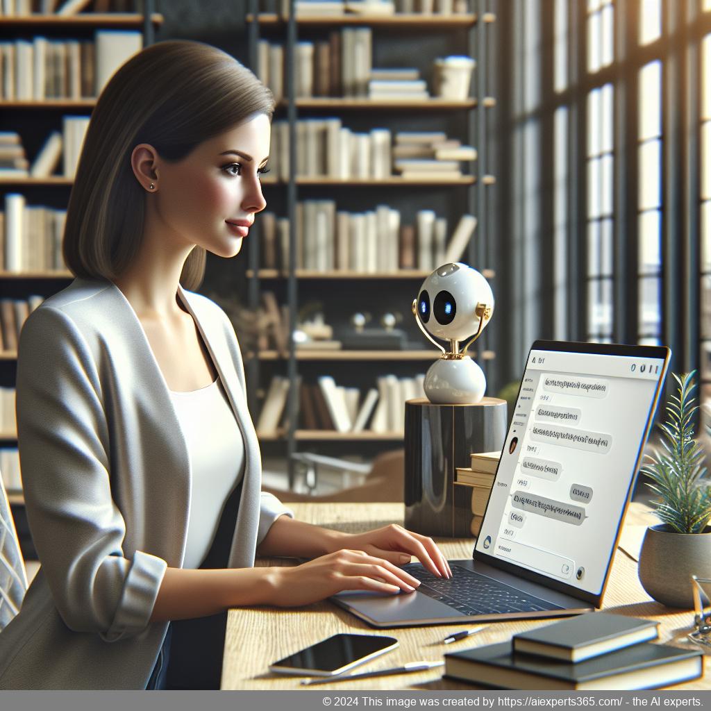 A professional-looking woman interacting with an AI-powered WordPress chatbot on her laptop, symbolizing enhanced customer engagement through technology.