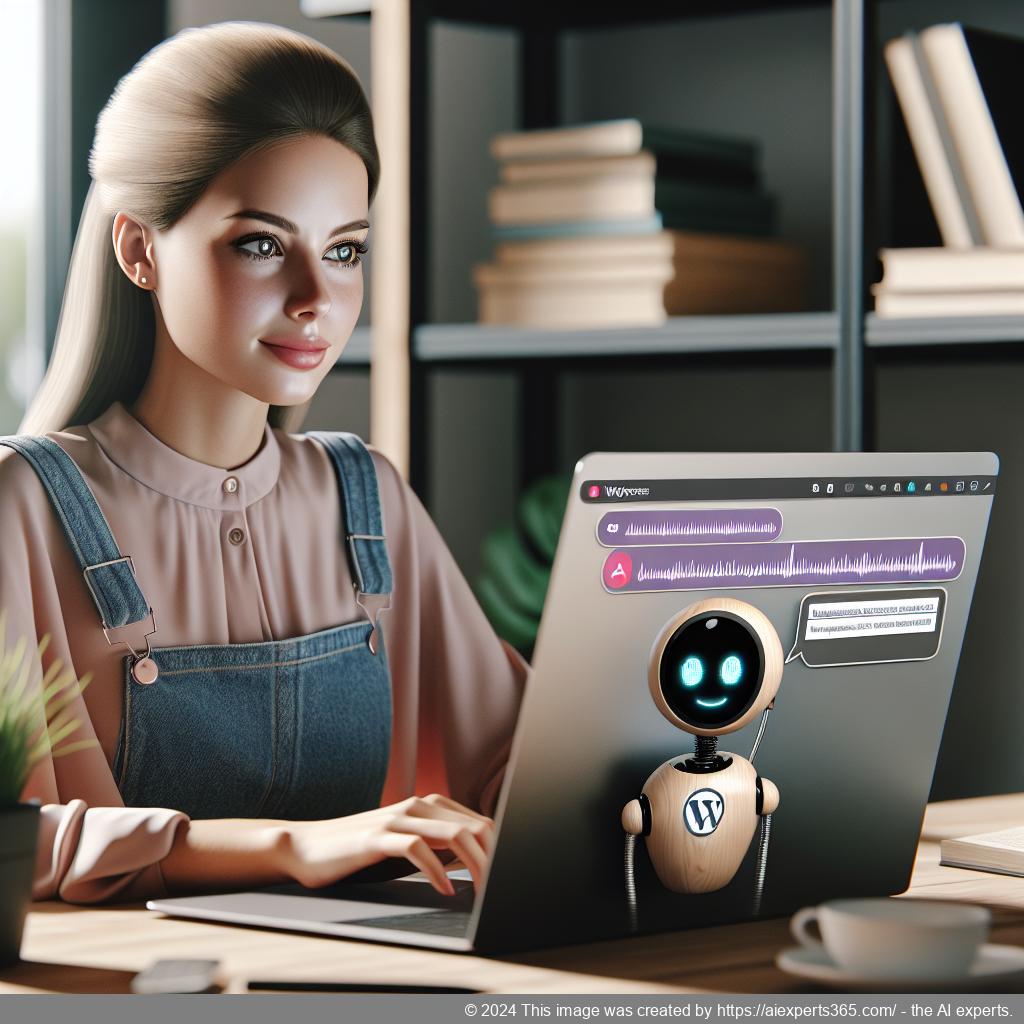 A professional looking German woman interacting with an AI-driven WordPress chatbot on her laptop while smiling.
