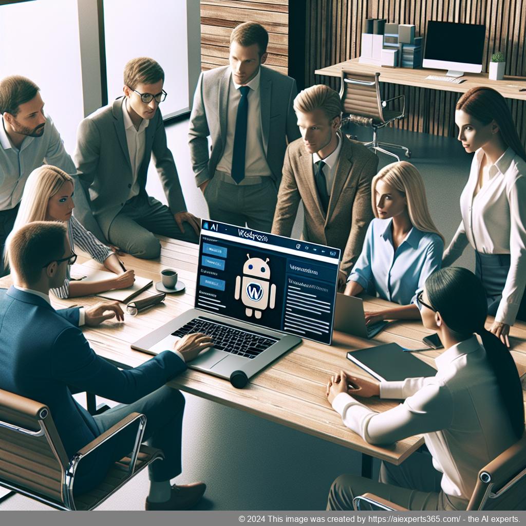 A professional setting showing a diverse team collaborating over a laptop featuring an AI-driven WordPress chatbot interface.