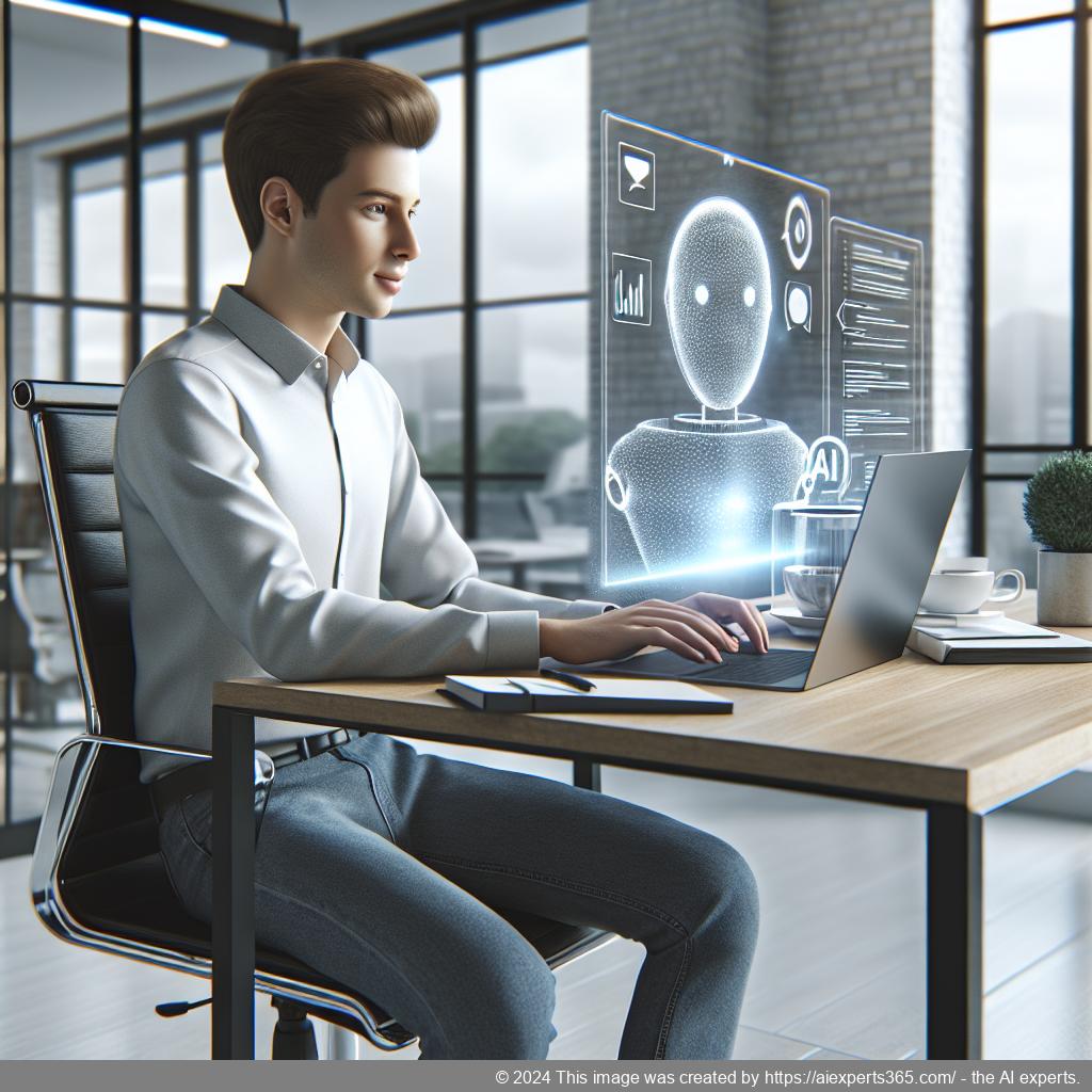 A professional setting showcasing a person interacting with an AI-driven chatbot interface on a laptop screen within a modern office environment.