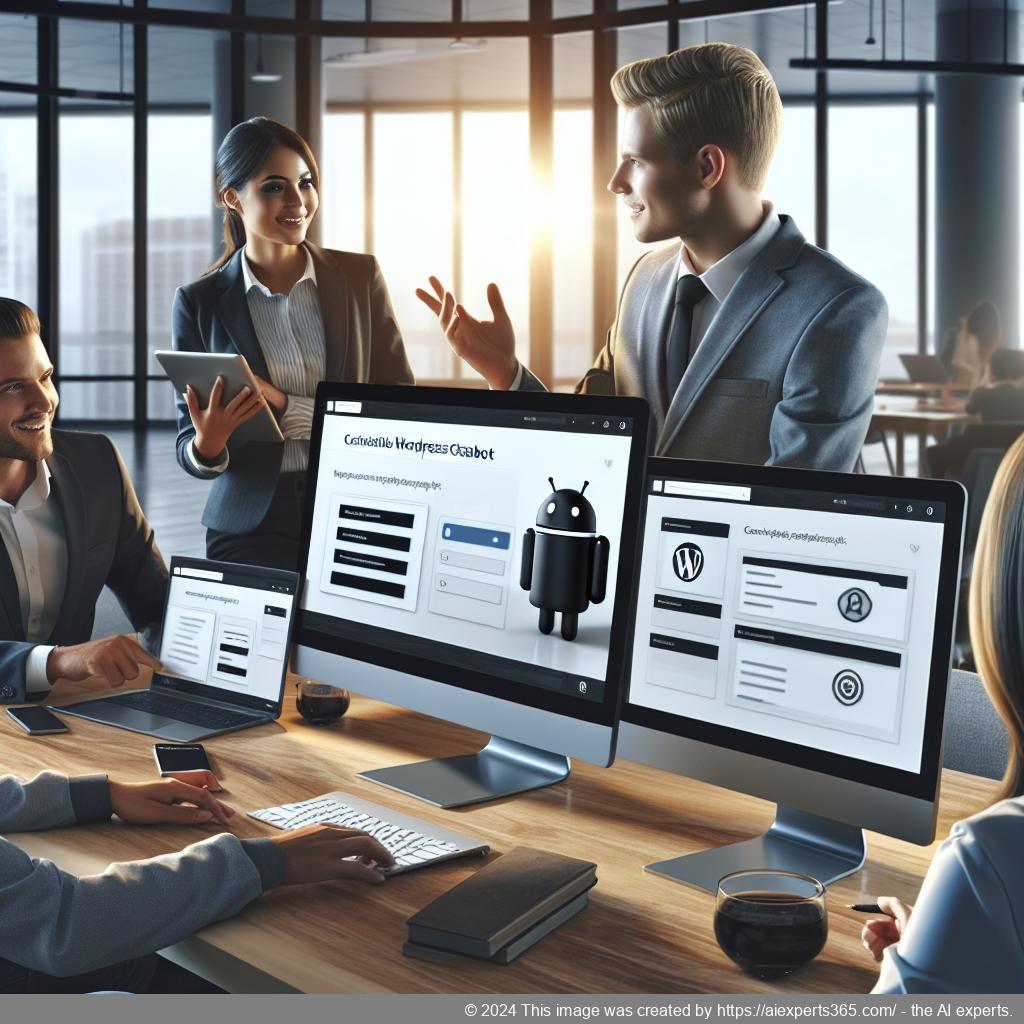 A professional setting showcasing individuals interacting with a customizable WordPress chatbot plugin on various devices.