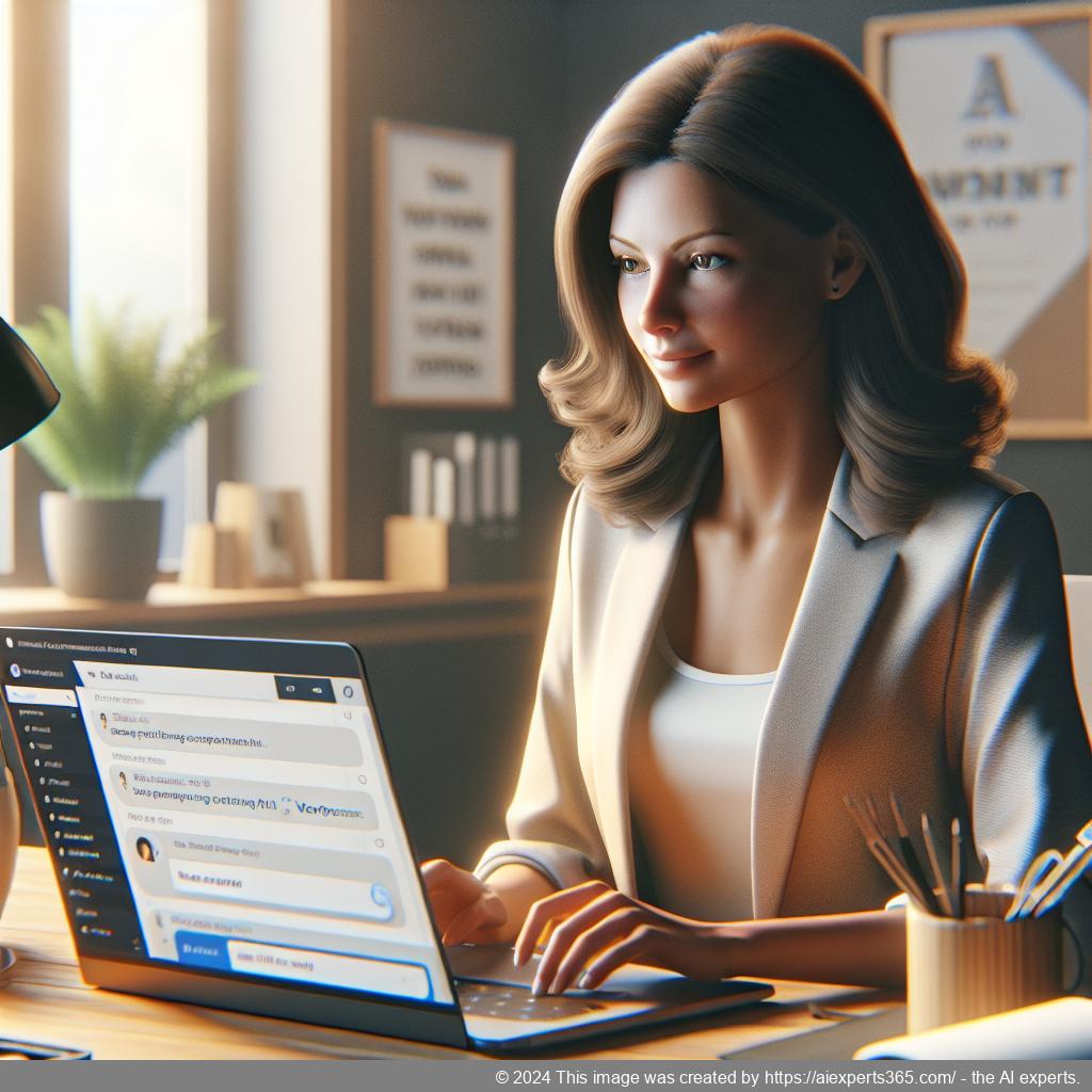 A professional-looking woman interacting with an AI-powered WordPress chatbot on her laptop screen.