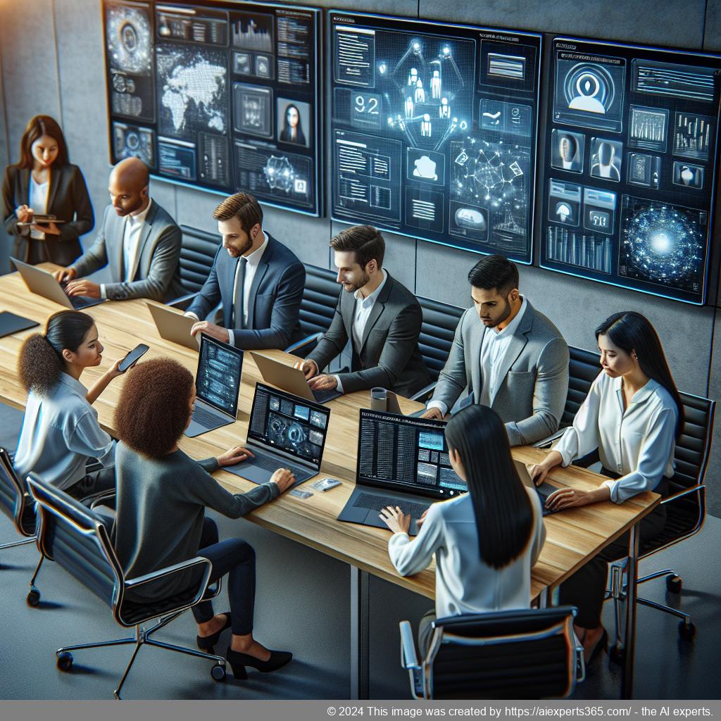 A professional setting showcasing a diverse team collaborating over digital devices while utilizing a multi-department chatbot for enhanced communication.