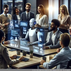 A visual representation of a modern office environment showcasing employees interacting with a multi-department chatbot interface.