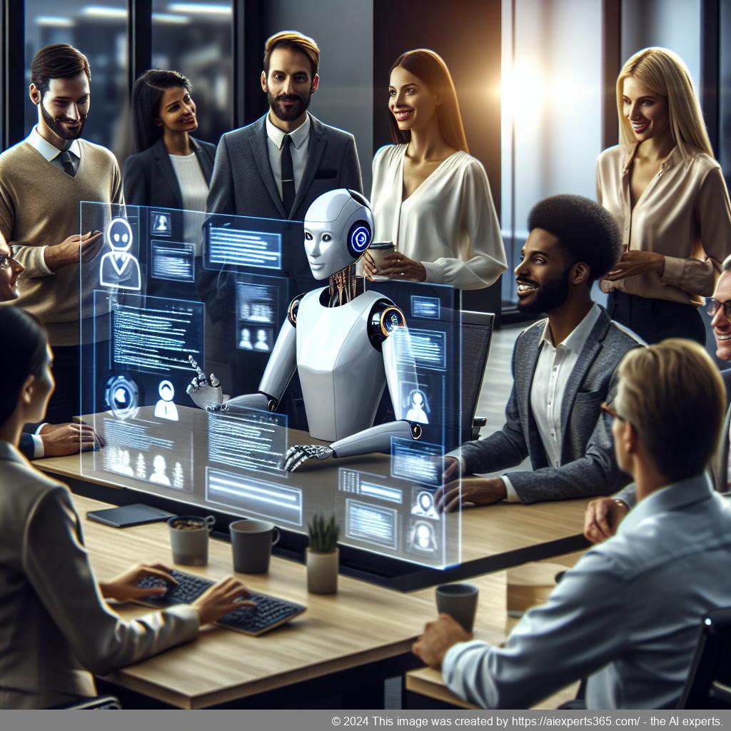 A visual representation of a modern office environment showcasing employees interacting with a multi-department chatbot interface.