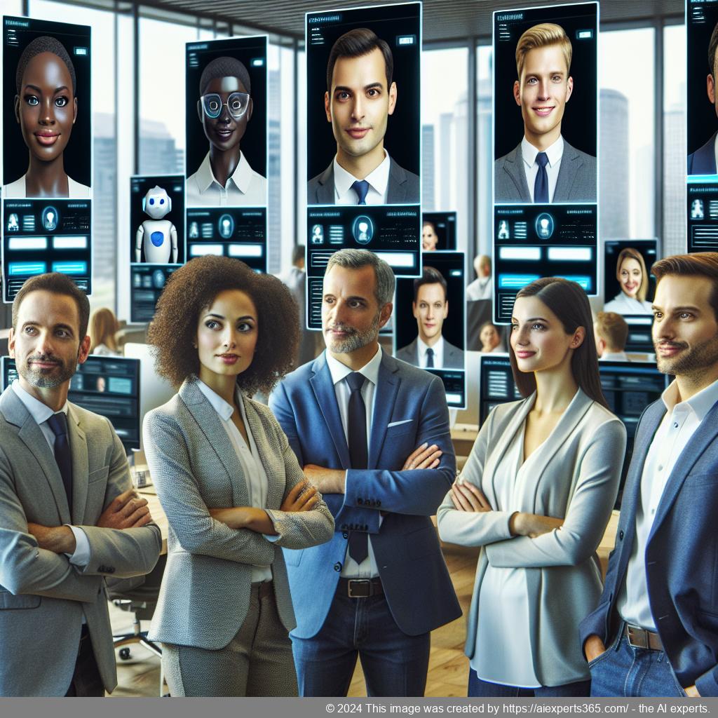 A visual representation of a modern office environment showcasing employees interacting with a multi-department chatbot system.