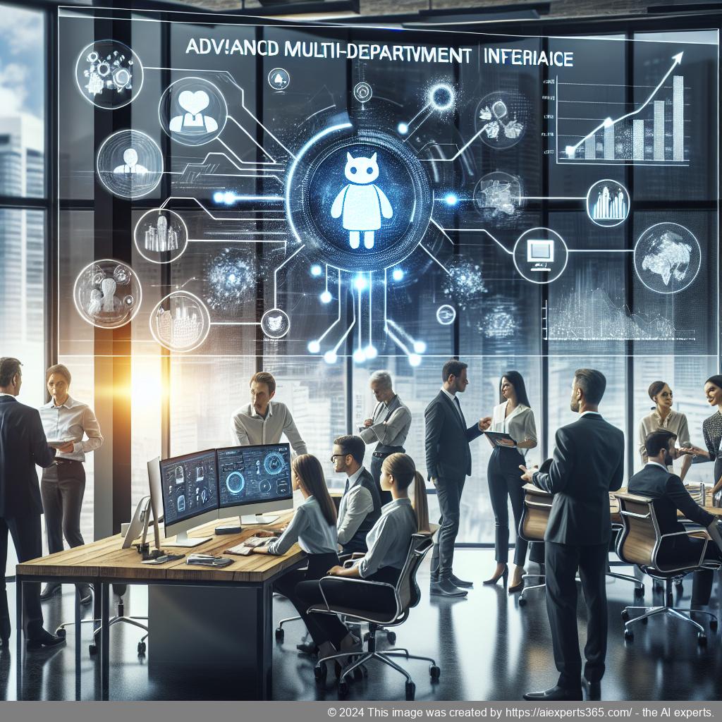 A professional setting showcasing diverse employees collaborating around a computer screen displaying a multi-department chatbot interface.