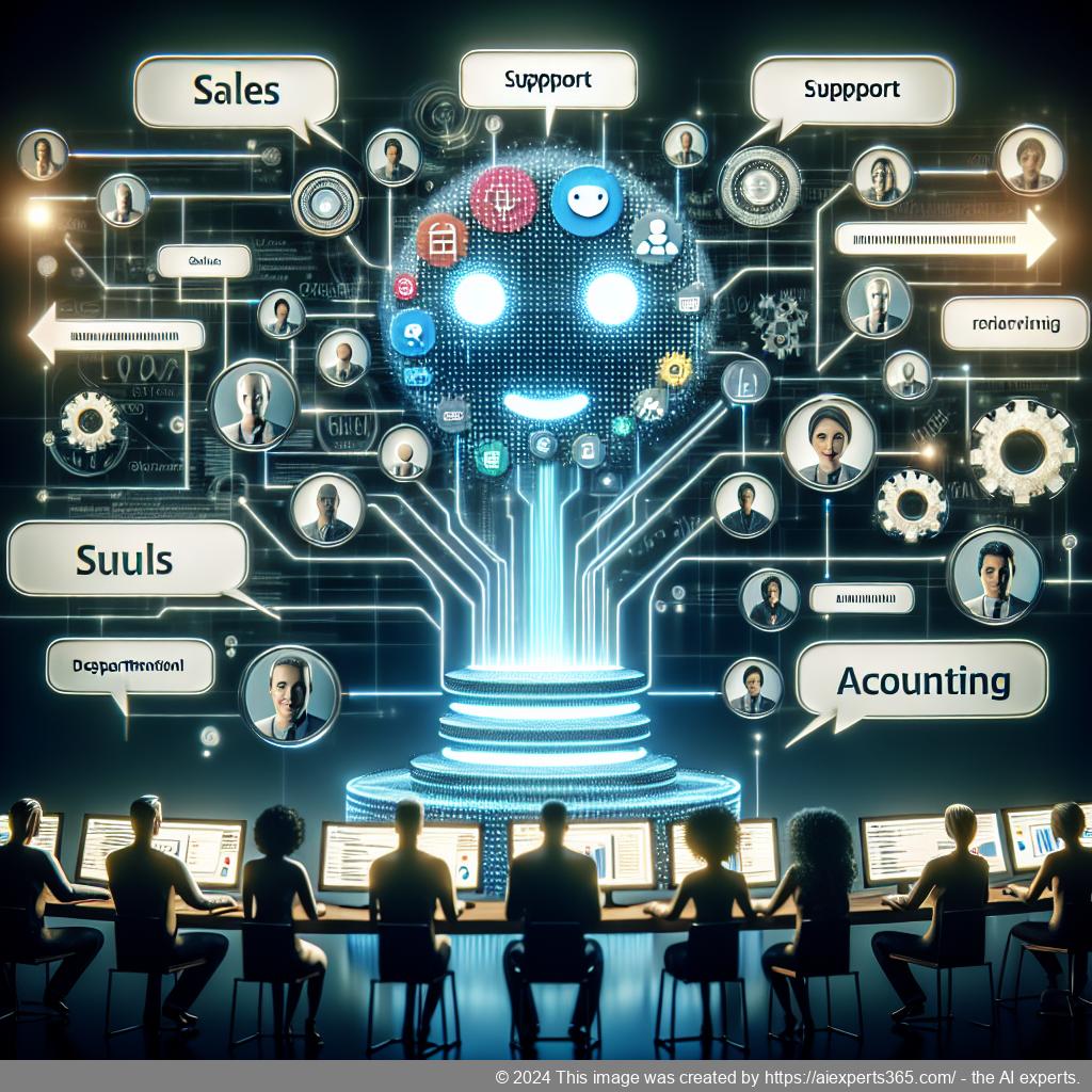 A visual representation of an advanced multi-department chatbot interacting with users across various organizational functions.