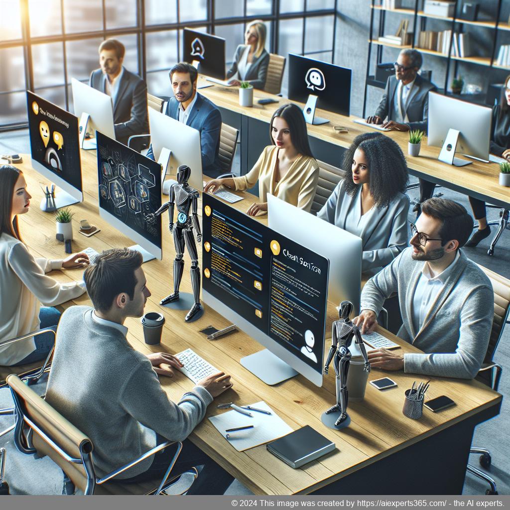 A professional setting showcasing diverse employees collaborating through technology with a focus on enhancing customer service using a multi-department chatbot.