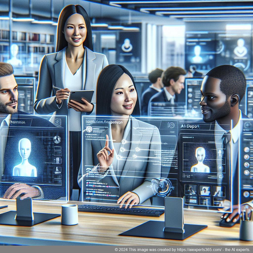 A professional setting showing employees interacting with an AI-driven multi-department chatbot, enhancing communication and efficiency.