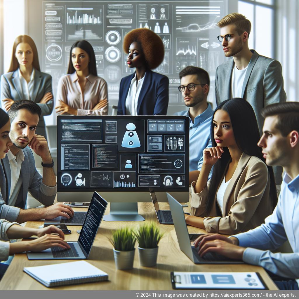 A professional setting showcasing diverse employees collaborating around technology while discussing strategies for deploying a multi-department chatbot.