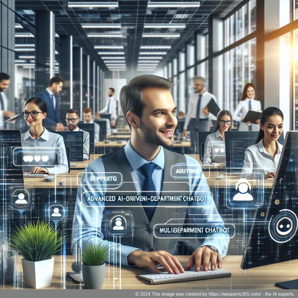 A visual representation of a multi-department chatbot enhancing customer experience through seamless communication across various business sectors.