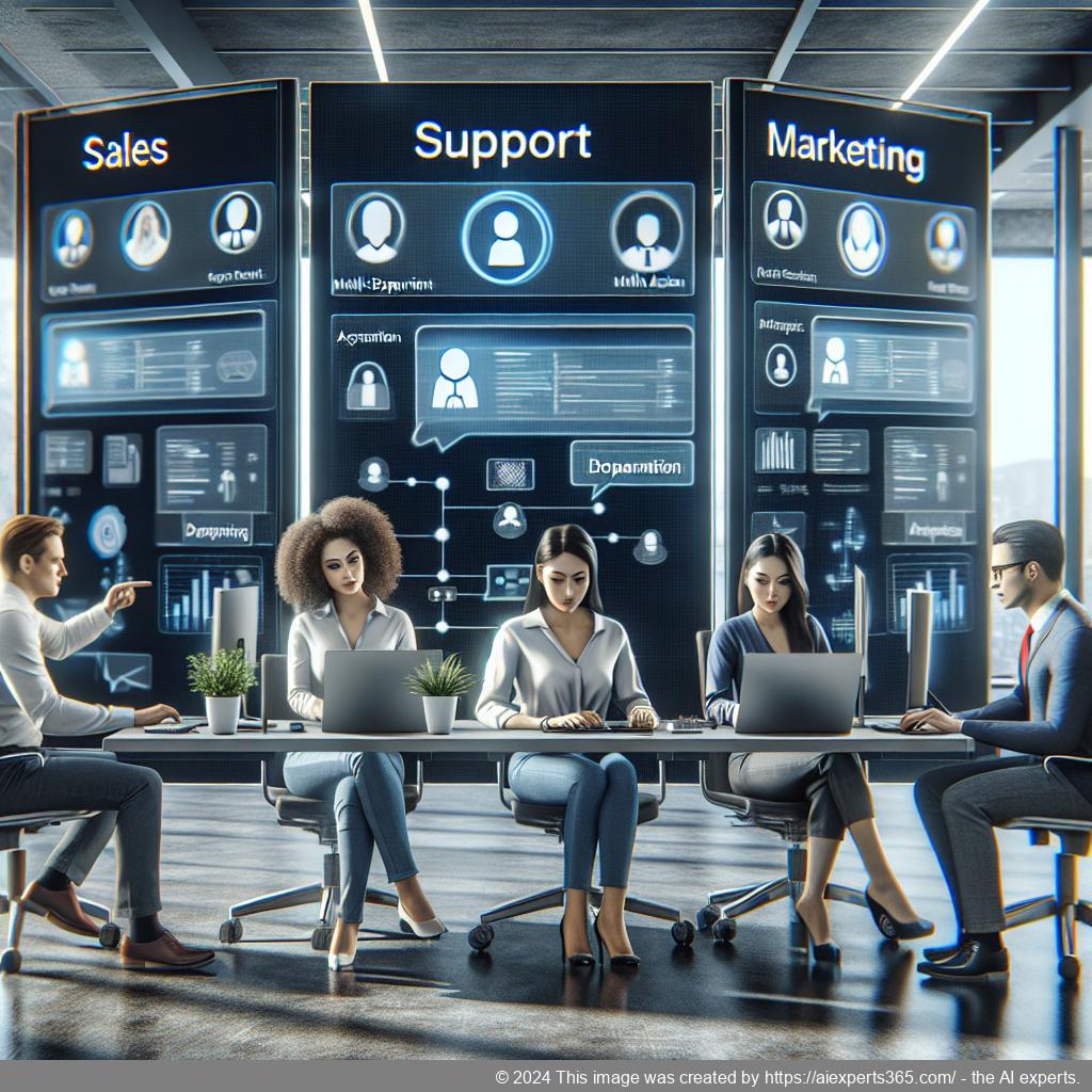 A visual representation of a multi-department chatbot enhancing business operations through streamlined communication and efficiency.