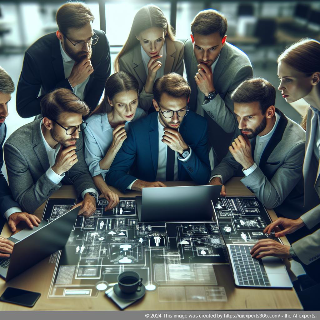 A visual representation of a diverse team collaborating around a computer screen displaying a multi-department chatbot interface designed for enhanced customer support.