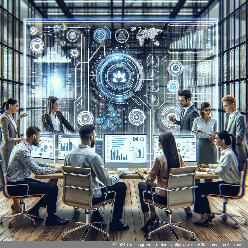 A diverse team collaborating around a computer screen displaying a multi-department chatbot interface designed for enhanced user experience.