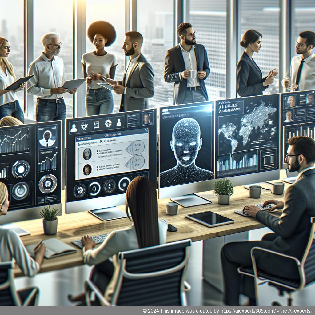 A professional setting showcasing diverse employees collaborating with a multi-department chatbot interface on screens.