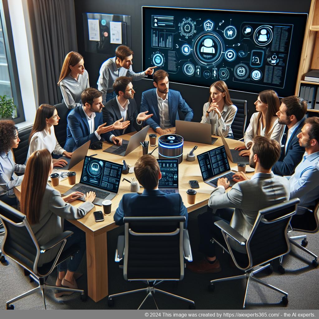 A professional team discussing strategies for deploying a multi-department chatbot in an office setting.