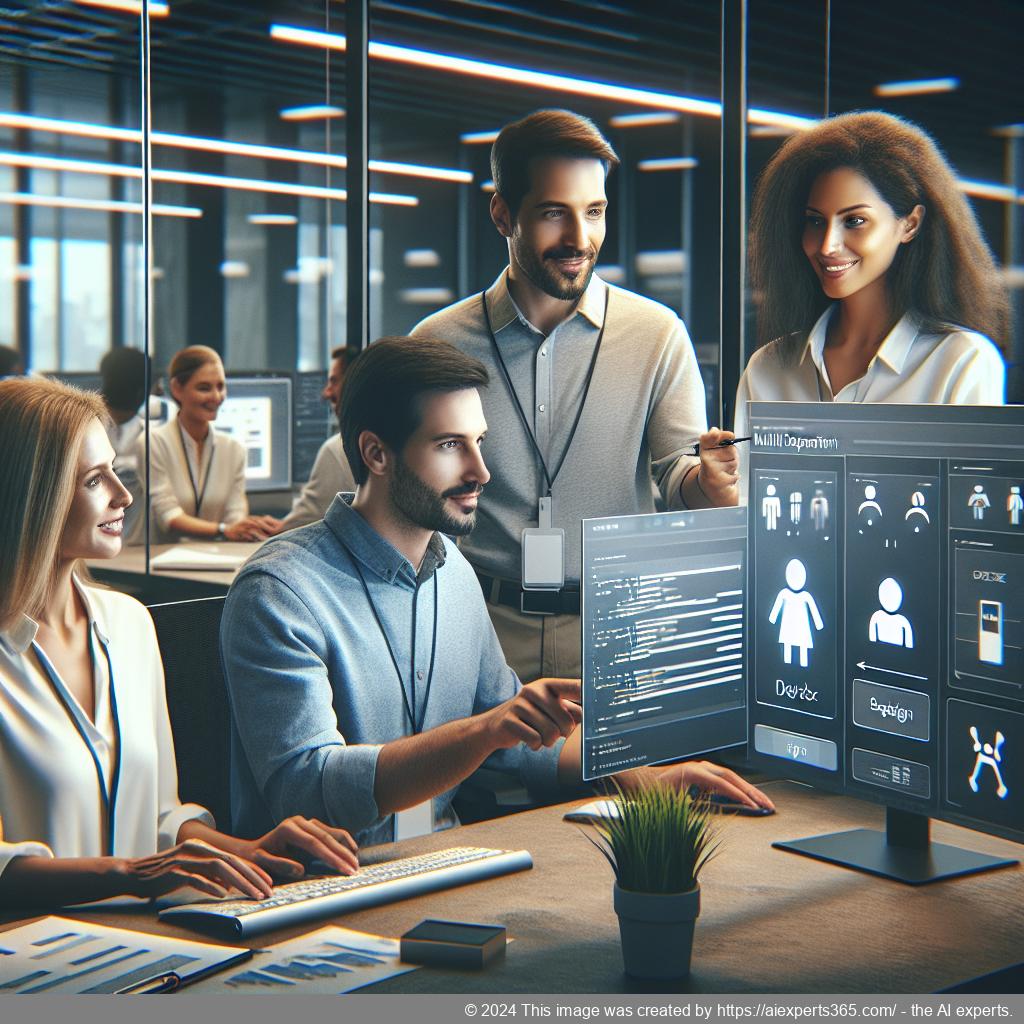 An illustration showing diverse professionals collaborating around a computer screen displaying a multi-department chatbot interface.