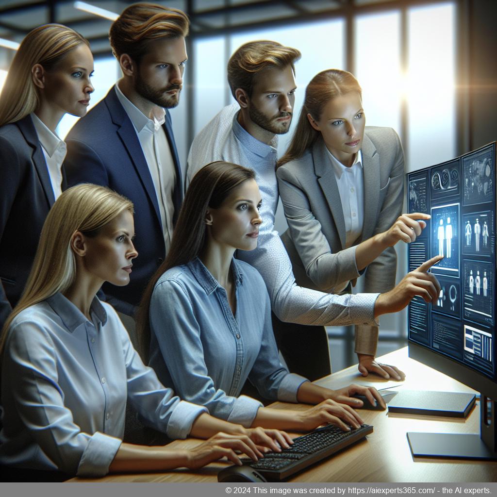 A professional team discussing strategies around a computer screen displaying a multi-department chatbot interface.