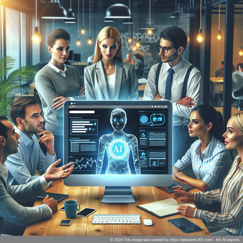 A professional-looking German business team discussing strategies while using a laptop featuring a WordPress site with an AI Chatbot interface.