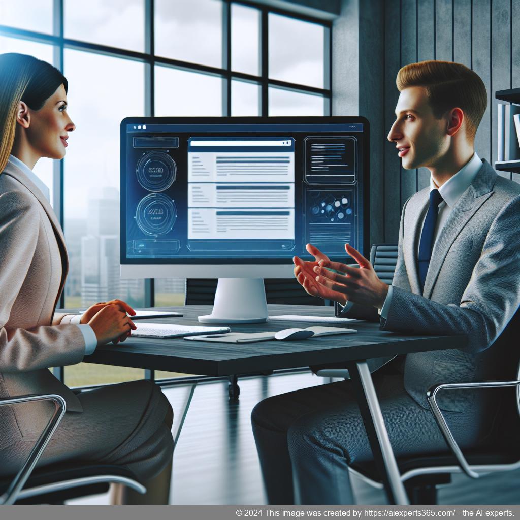 An illustration showing a modern office setup featuring a computer screen displaying an AI-powered WordPress chat plugin interface assisting customers.