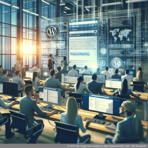 A professional setting showcasing a team member engaging with customers through a WordPress chat plugin interface, emphasizing modern communication strategies.