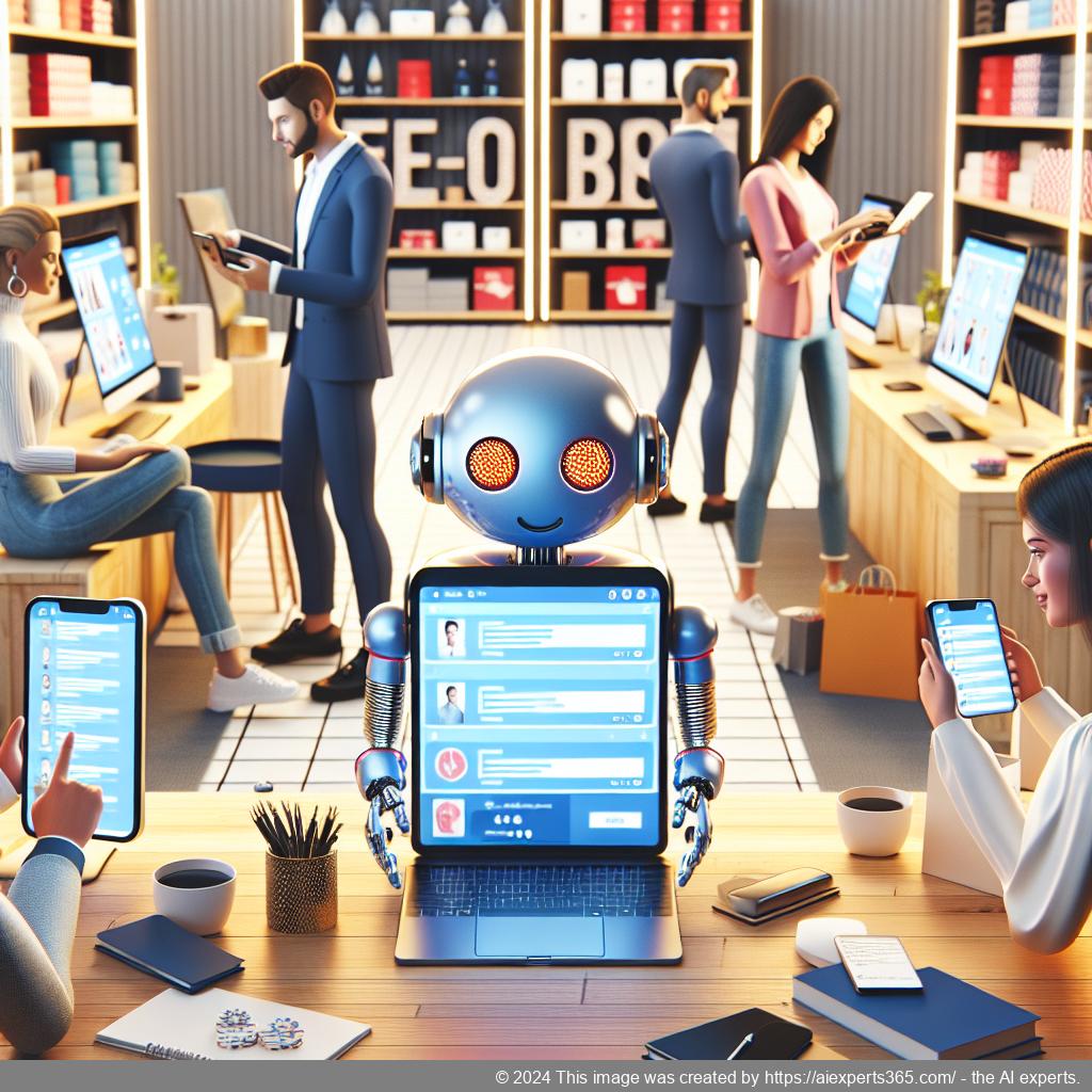 A visual representation of an engaging online shopping experience featuring a friendly chatbot assisting customers on an e-commerce website using a WordPress chat plugin.