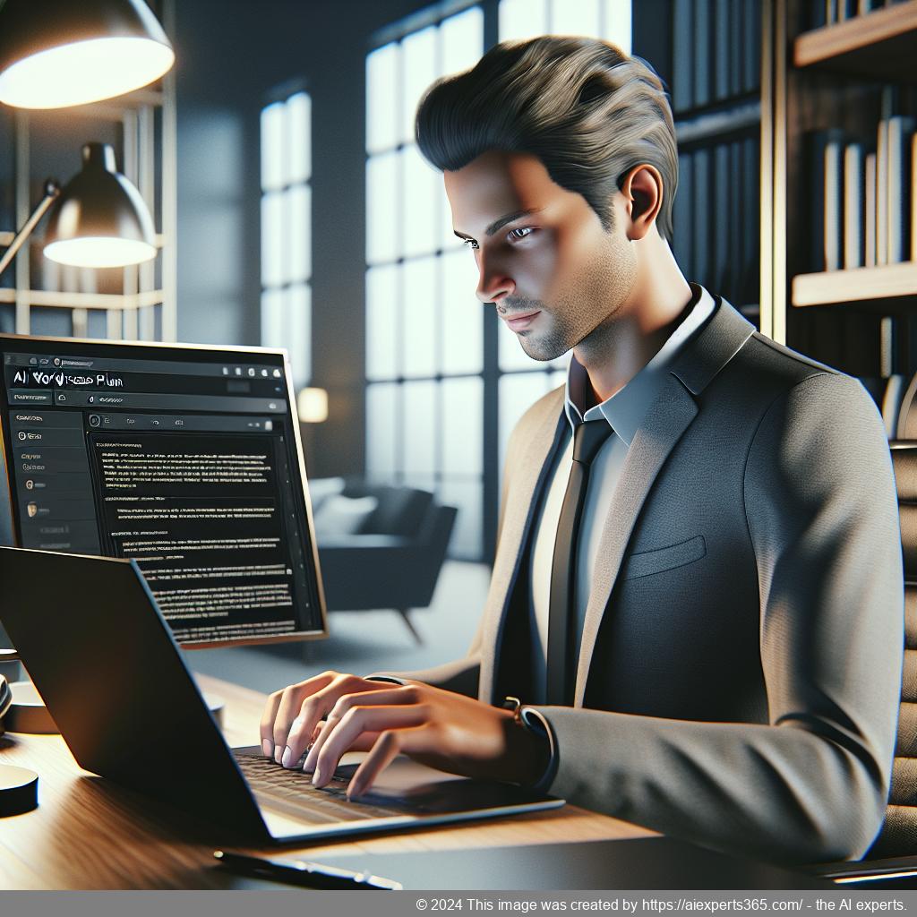 An illustration showing a person interacting with an AI-powered WordPress chat plugin on a laptop screen.