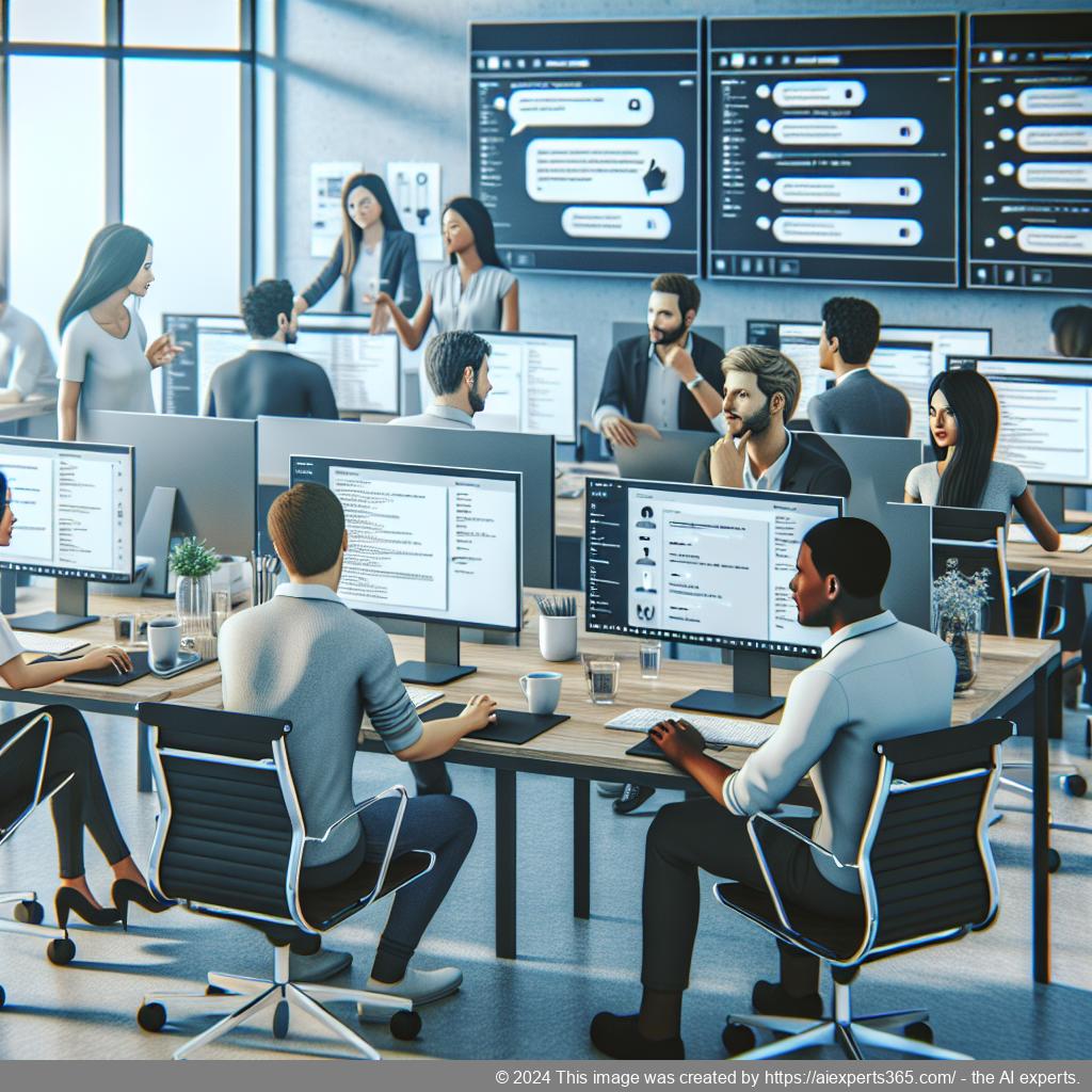 A professional setting showcasing a diverse team using a WordPress chat plugin for enhanced user interaction.