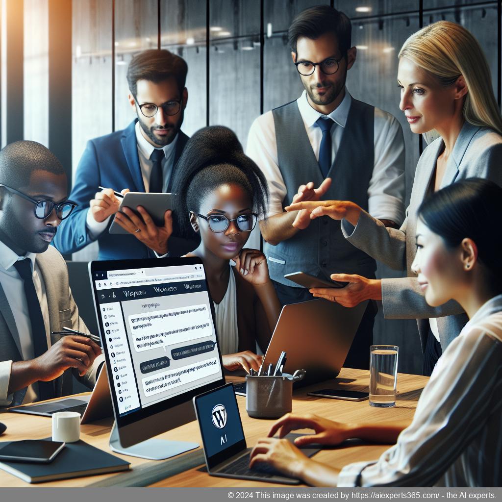 A professional setting showcasing a user interacting with an AI-powered WordPress chat plugin on a laptop screen.