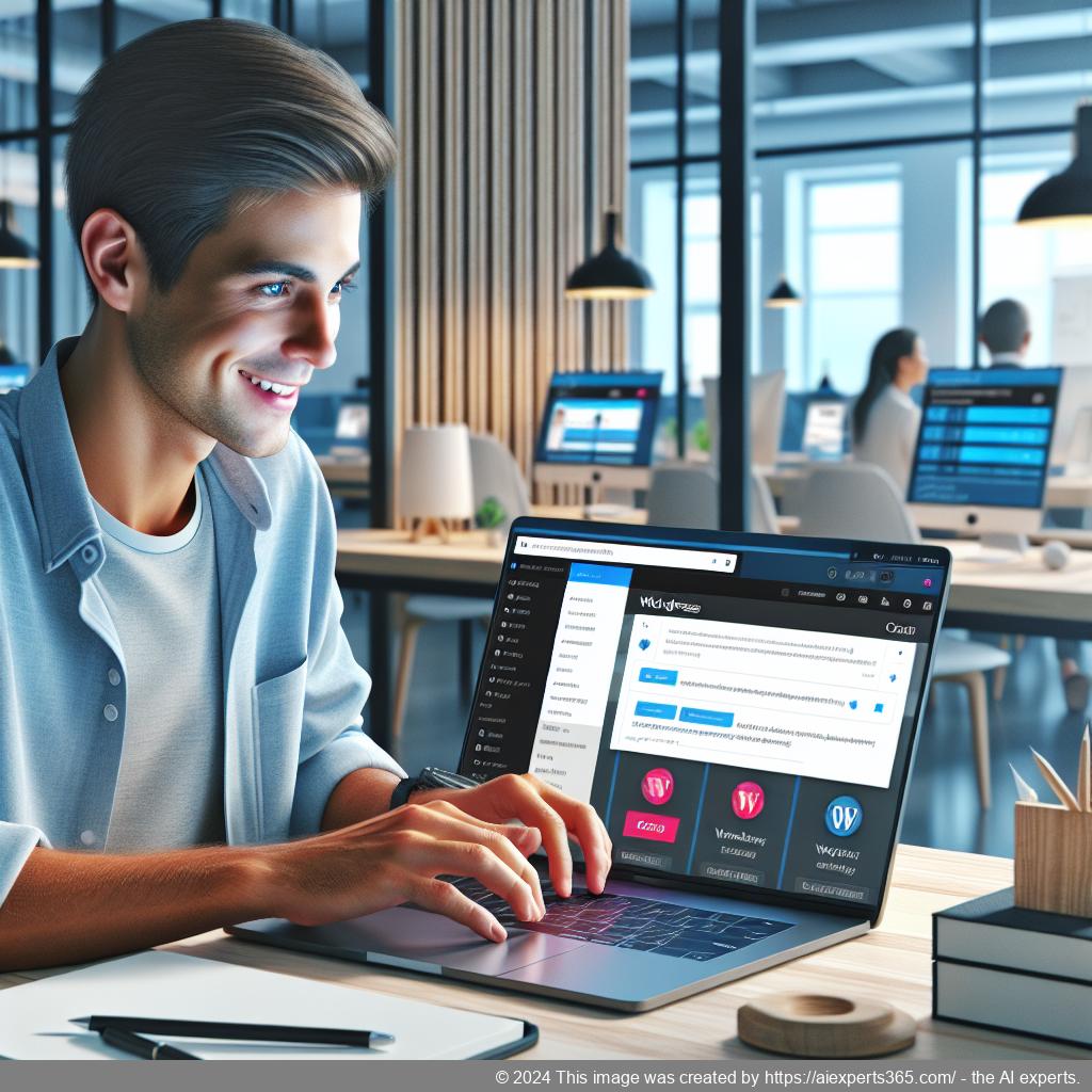 A professional setting showcasing a person using a laptop with an open WordPress dashboard featuring a chat plugin interface.