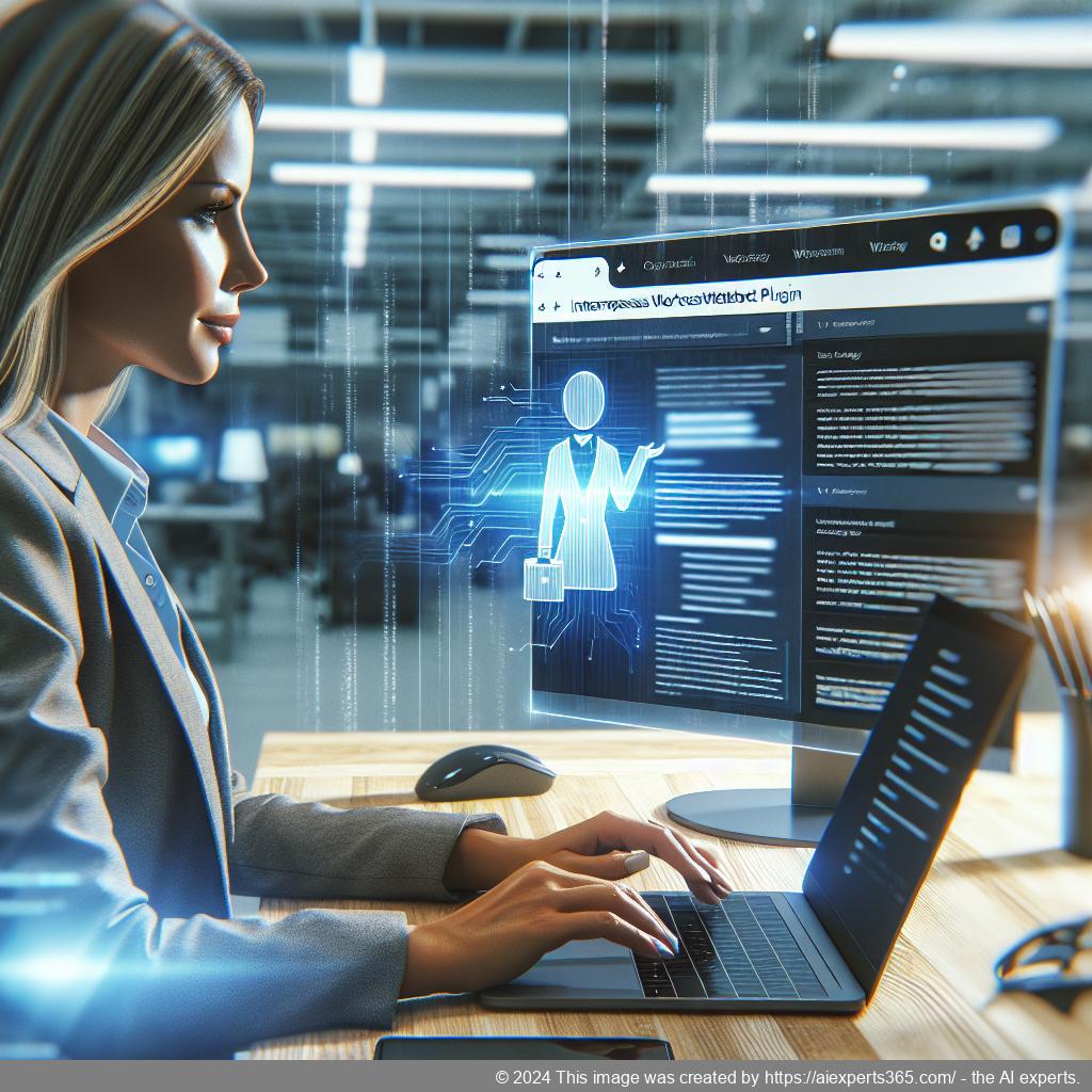 A professional-looking woman interacting with a digital interface displaying a WordPress chatbot plugin that enhances user engagement.