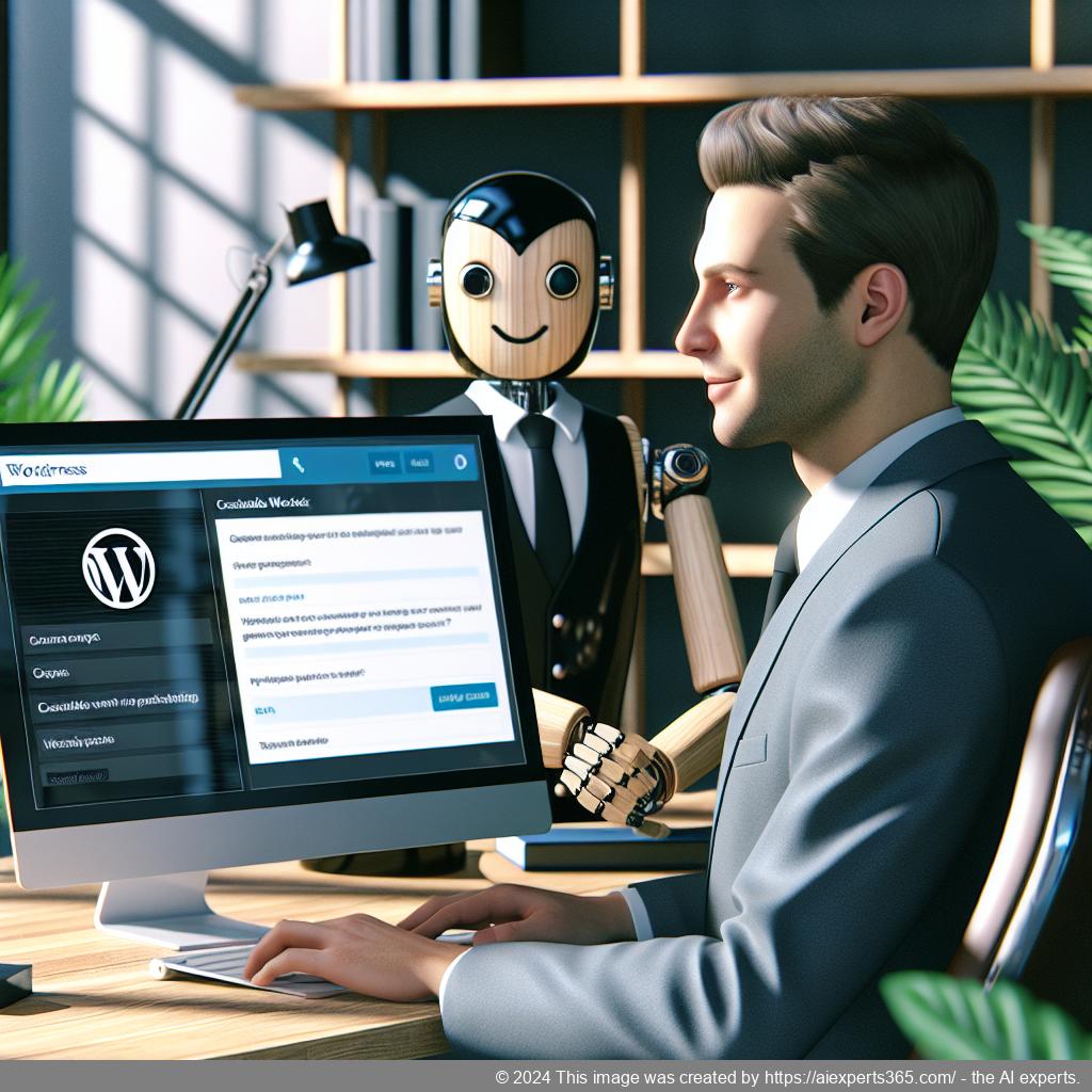 A professional setting showcasing a person interacting with a customizable WordPress chatbot plugin on their laptop screen.