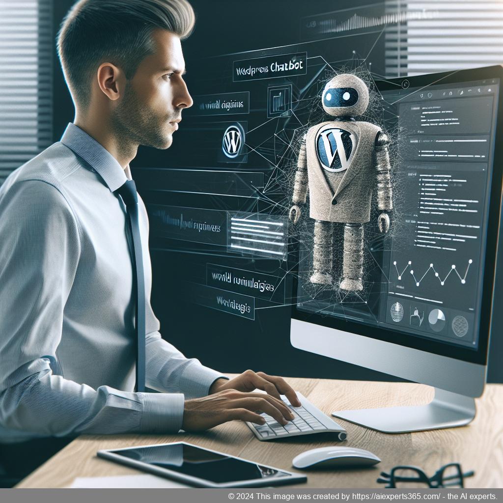 An illustration depicting a friendly AI-powered WordPress chatbot assisting customers online.