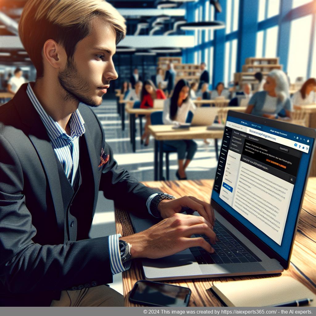 A professional setting showcasing a person interacting with a WordPress Chatbot Plugin on their computer screen.