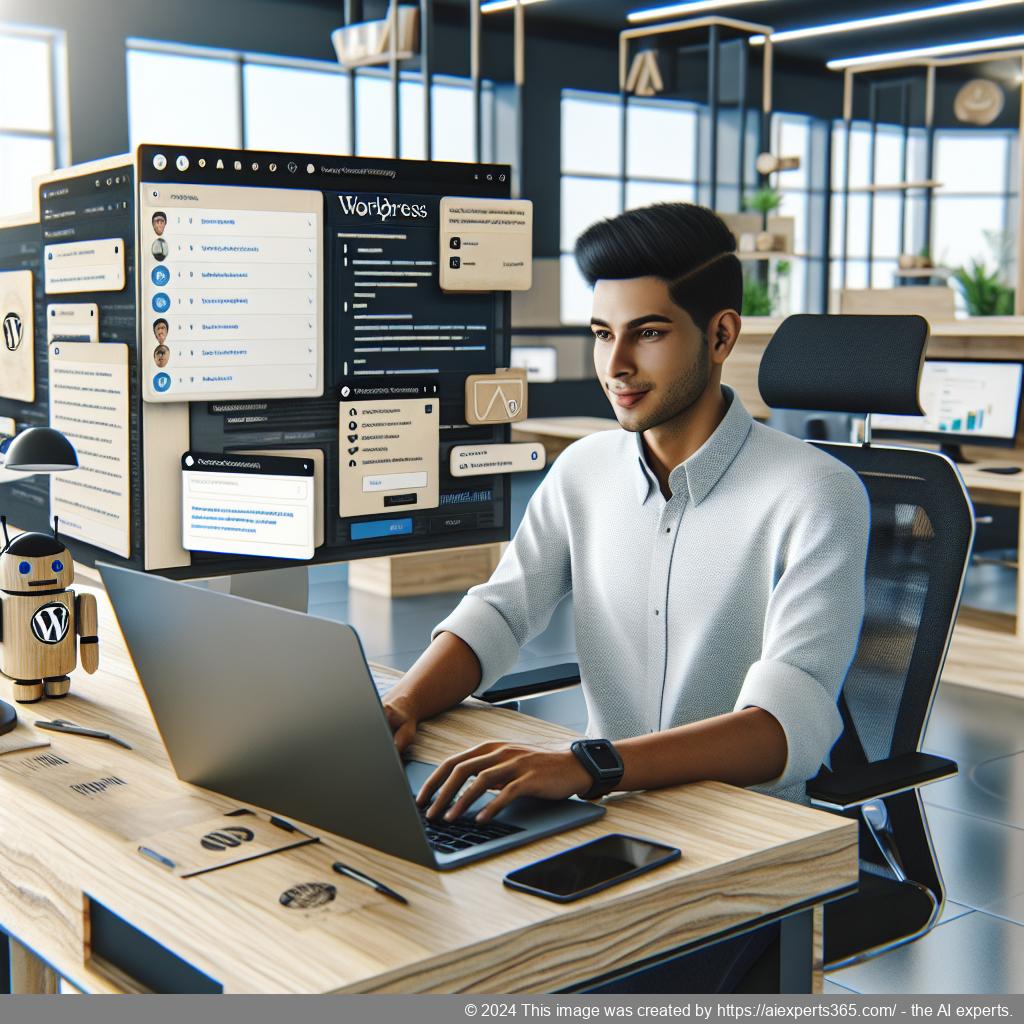 A professional setting showcasing a person interacting with a WordPress chatbot on their laptop, symbolizing enhanced customer engagement through technology.
