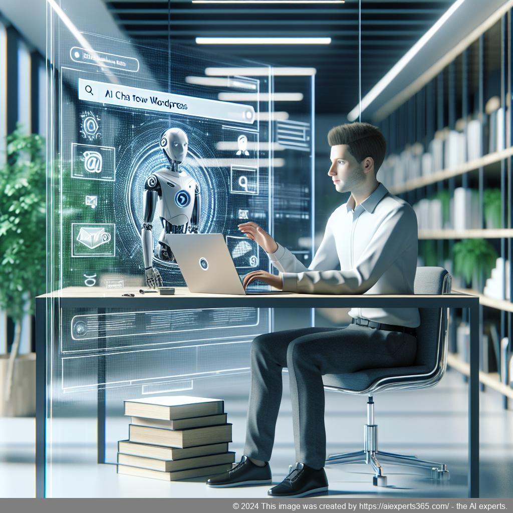 A professional-looking image showcasing a user interacting with an AI-driven WordPress chatbot plugin interface on a laptop.