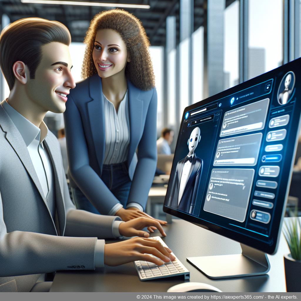 An illustration depicting a professional setting where a chatbot interacts with users on a computer screen while providing instant responses.