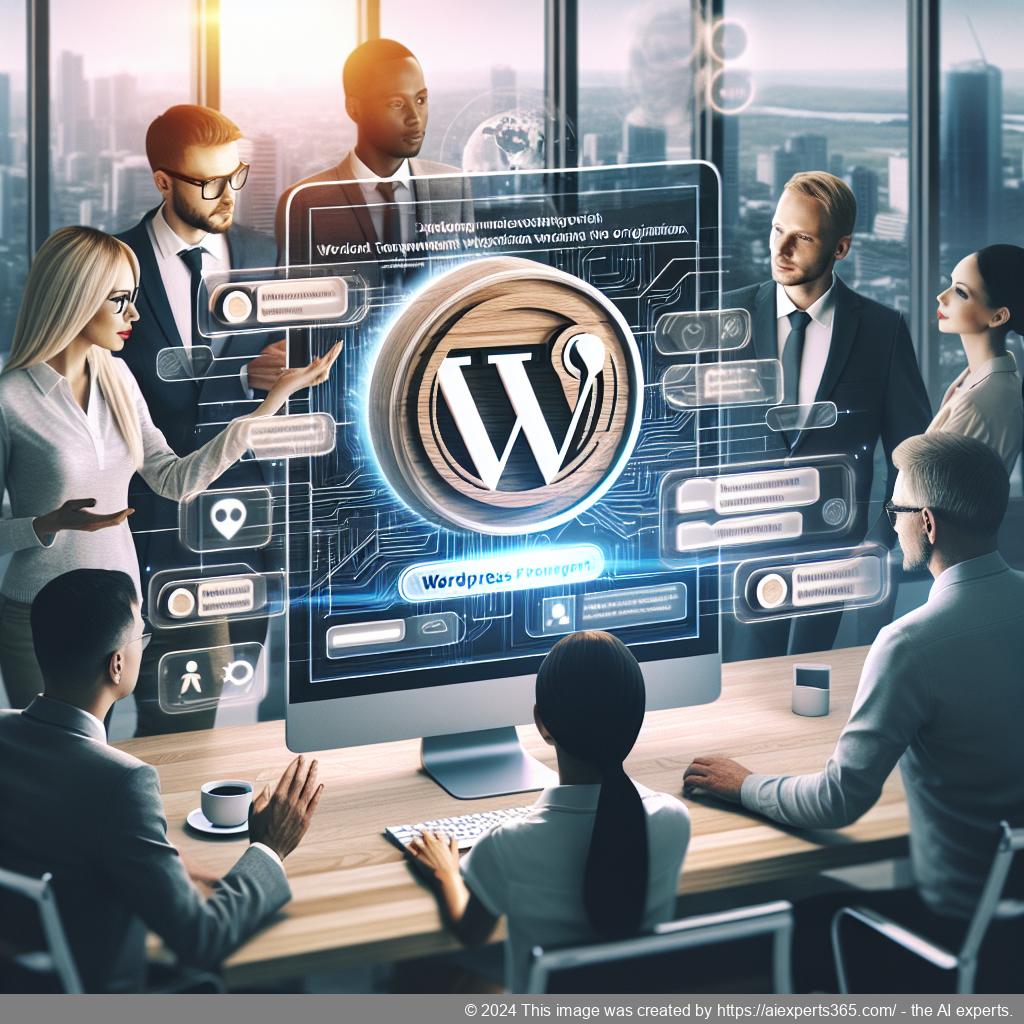 A professional setting showcasing a diverse team collaborating over a computer screen displaying the WordPress ChatGPT chatbot interface.