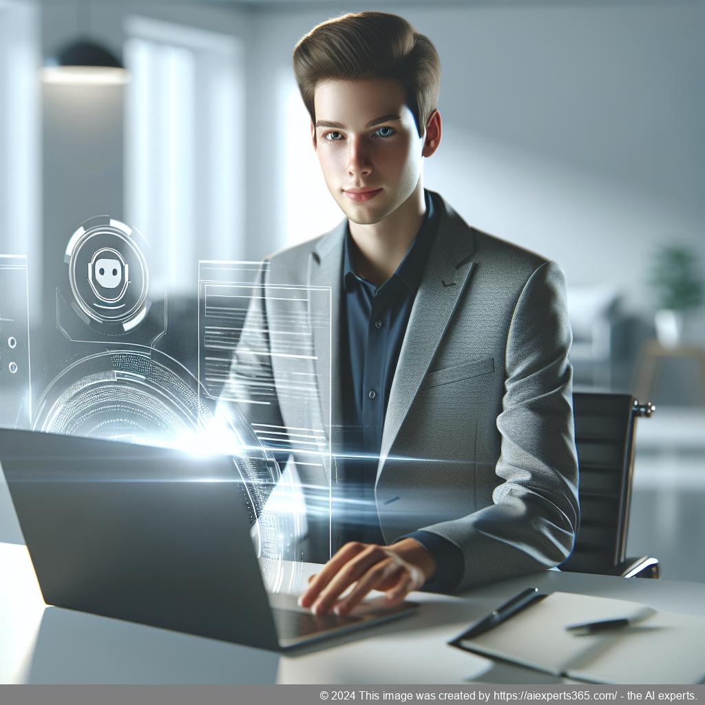 A visually engaging representation of a person interacting with a high-tech chatbot interface on a laptop screen while sitting at a modern desk.