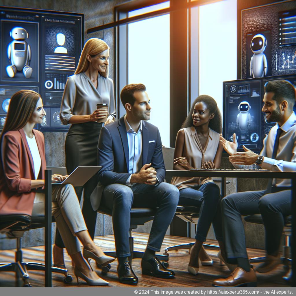 A professional setting showcasing a team discussing strategies while utilizing a smart WordPress chatbot plugin for enhanced customer engagement.