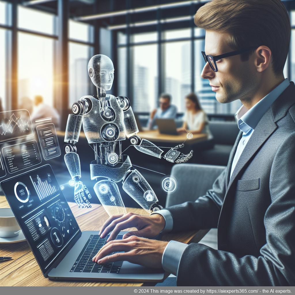 A professional setting showcasing a person interacting with a WordPress chatbot on a laptop screen.