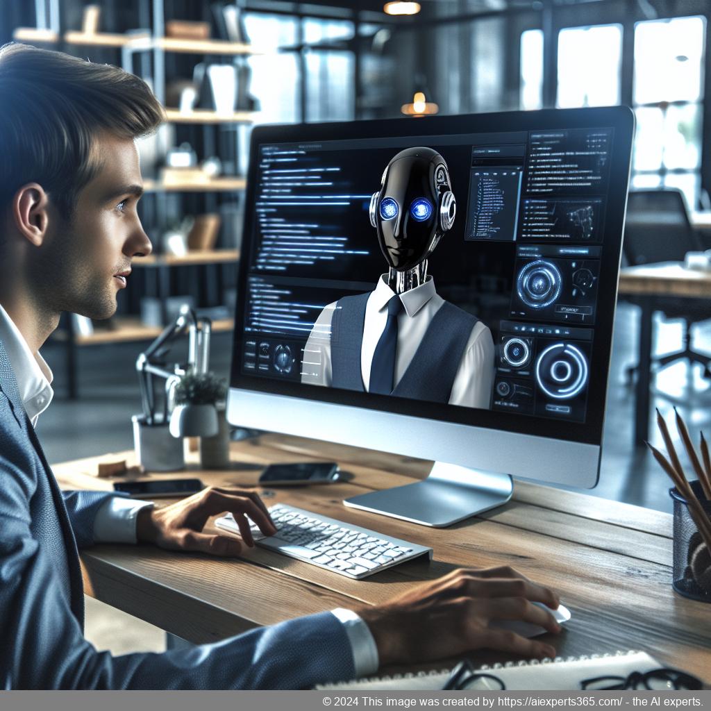 A professional setting showcasing a person interacting with a computer displaying a chat interface representing an AI-powered WordPress chatbot.
